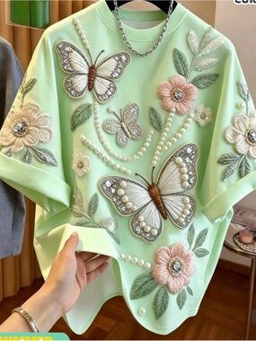 SHEIN Mint Green Embroidered Butterfly & Floral Pearl Applique Top